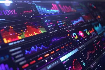 Fototapeta premium Dynamic financial growth chart Bullish stock market trend Interactive touch screen display Investment analytics Colorful data visualization Real-time trading dashboard Corporate success