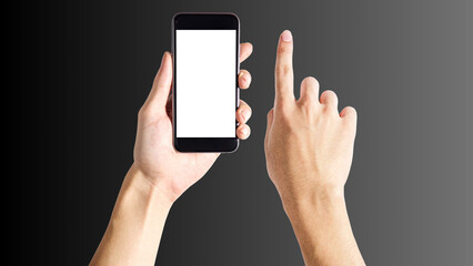 Hand holding cell phone mockup with blank screen. Smartphone mock up isolated on black bacground