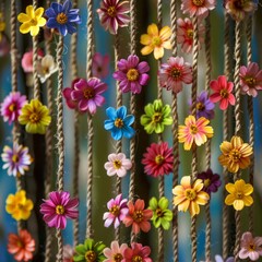 Colorful artificial flowers hanging on the rope. Floral background.