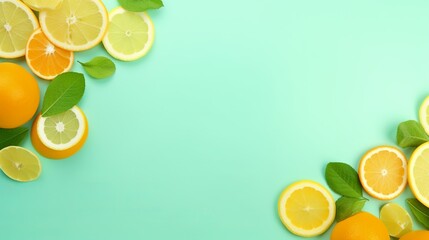 Citrus slices and mint herbs frame on retro mint pastel background with copyspace from above. Top view of lemon and orange refreshment. Summer fruit smoothie minimal banner design