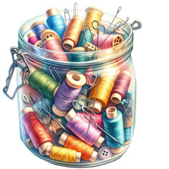 Sewing thread in a glass jar, transparent background - obrazy, fototapety, plakaty