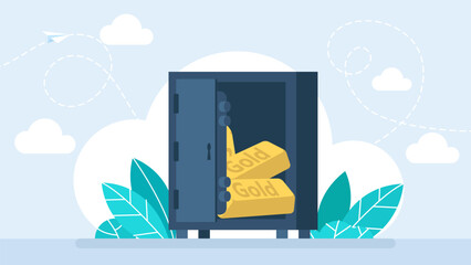 A metal safe is full of gold bars. Concept of wealth, money, savings, profit, deposit. Opened safe with gold ingots on white background. Vector illustration