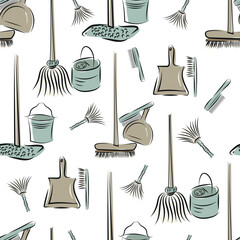 Vector retro hand drawn seamless pattern background of cleaning equipment, mop, bucket, broom, dustpan and brush, duster. Spring clean chores elements in vintage line art sketch style all over print. - obrazy, fototapety, plakaty