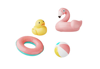 Summer elements 3d icon set clipart isolated on background, Minimal Realistic objects for mock-up with summer theme, beach umbrella, sand, inflatable ring, vacation time to travel. © TANATPON