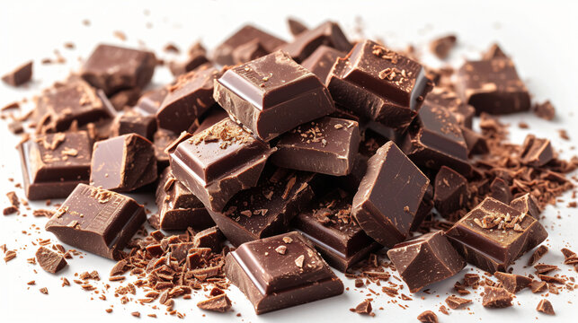 Pile chopped, milled chocolate isolated on white, top view