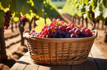 wicker basket on a wooden table, bunches of grapes in a basket, on the background of a grape...