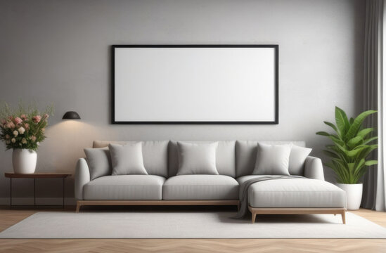 empty mockup picture frame on the wall, minimalist interior, interior of a modern living room, lounge area with a gray sofa, indoor plants, poster template
