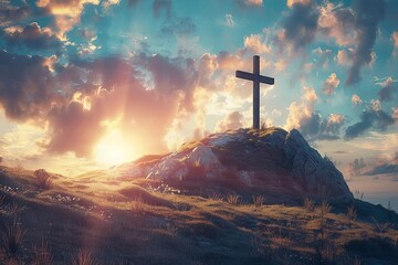 Holy week concept with a cross on a hill Illuminated by the setting sun Symbolizing faith Redemption And spiritual reflection - obrazy, fototapety, plakaty