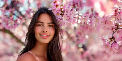 gorgeous young woman and her blooming garden, clear features, joyful and optimistic,