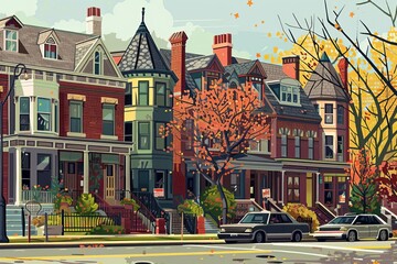 Illustrated street scene with a variety of house fronts Capturing the diversity and charm of urban residential architecture