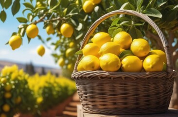 wicker baskets with ripe lemons, lemon garden to the horizon, lemon tree branches, long lemon plantations, Organic Farming, sunny day, sunset or dawn light