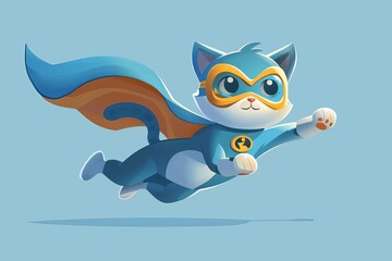 Illustration of a superhero cat wearing a blue cloak and mask Leaping heroically against a light blue background