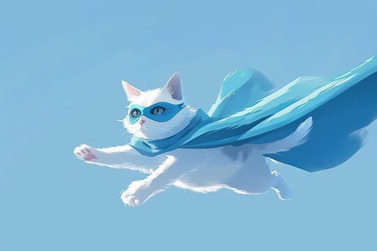 Illustration of a superhero cat wearing a blue cloak and mask Leaping heroically against a light blue background