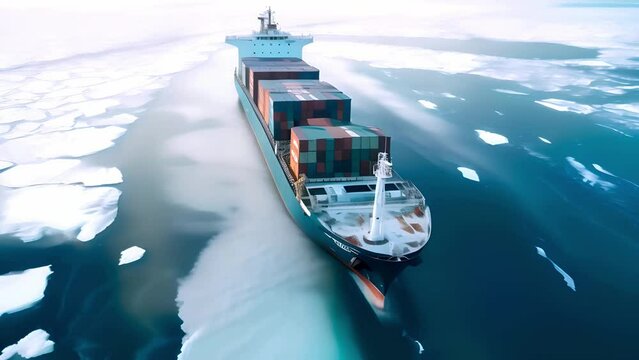 Aerial view of Large Cargo icebreaker vessel loaded with containers sailing in ice-cold ocean