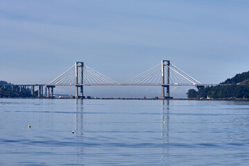 The Rande bridge in Vigo seen from Cesantes beach in Galicia