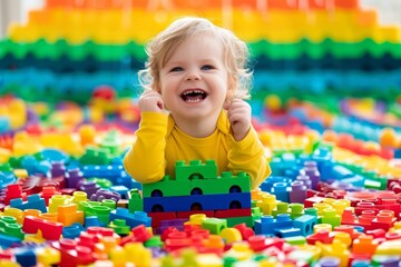 Fototapeta na wymiar Joyful toddler engaged in creative play with vibrant building blocks