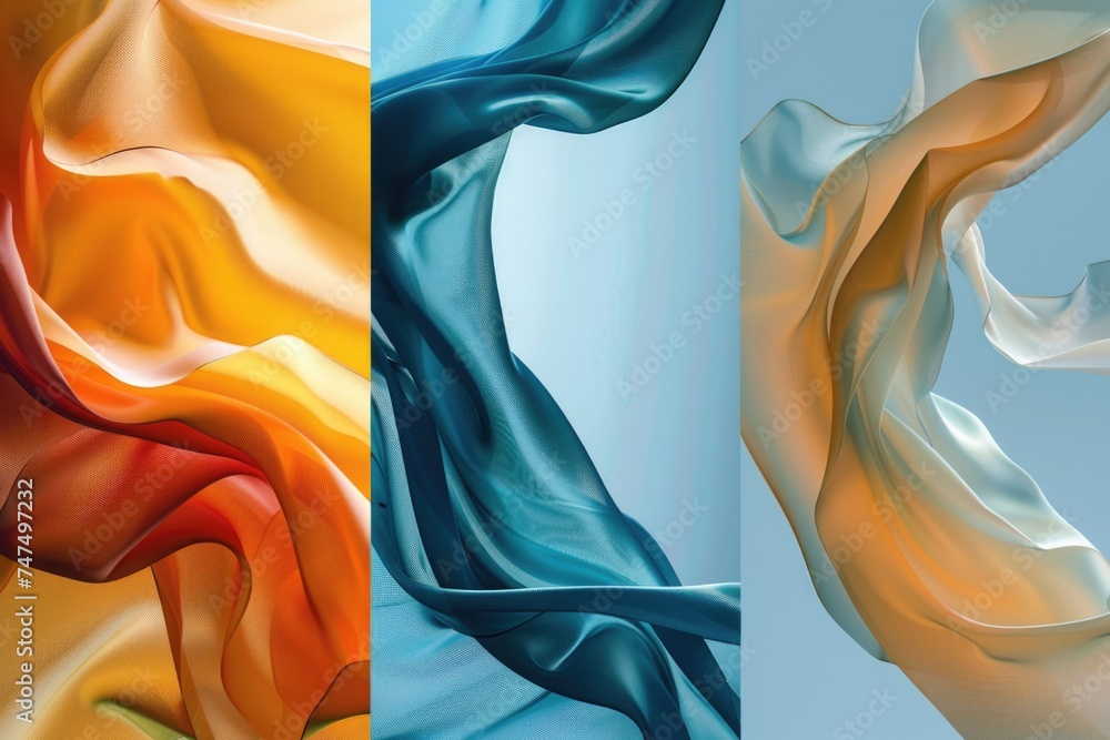 Poster A series of three images displaying different colors of fabric. Ideal for textile or design projects