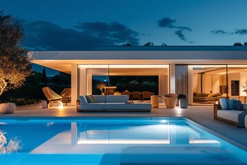 Luxurious outdoor living space with a modern edge Featuring a sleek poolside area and contemporary furniture under a starlit sky