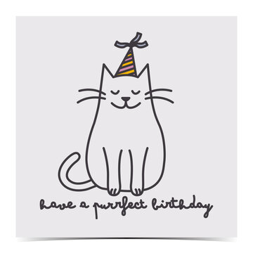 Cute birthday greeting card, poster, template, label with with funny cat wearing party hat