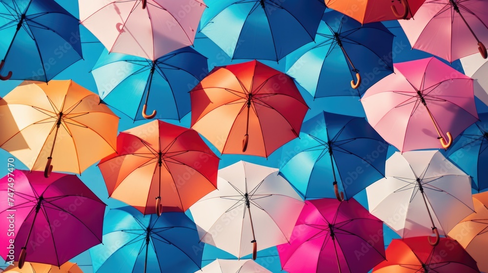 Poster Colorful umbrellas hanging from the ceiling, great for adding a pop of color to any space