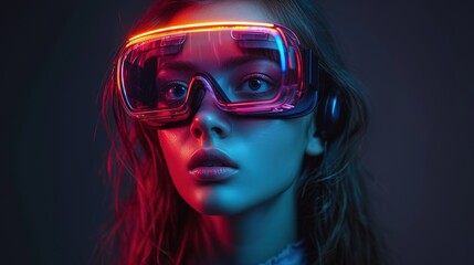 Metaverse technology concept. Excited young woman wearing VR headset with new experience