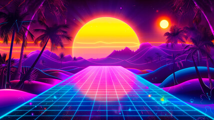 Fantasy retro wave illustration with vibrant neon lights, sunset, and palm trees. Futuristic background 1980s style