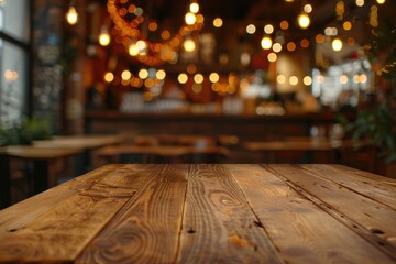 A simple wooden table with soft glowing lights in the background. Ideal for home decor or cozy atmosphere concepts - obrazy, fototapety, plakaty