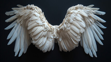 Angel wings isolated on the black background, fantasy feather wings for fashion design, cosplay and dress up 