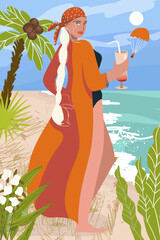 Obraz na płótnie Canvas Vertical postcard with image of girl, woman on summer vacation in nature, seashore, ocean, flyer for summer party, background enjoying the moment. Vector illustration hand drawn illustration. 