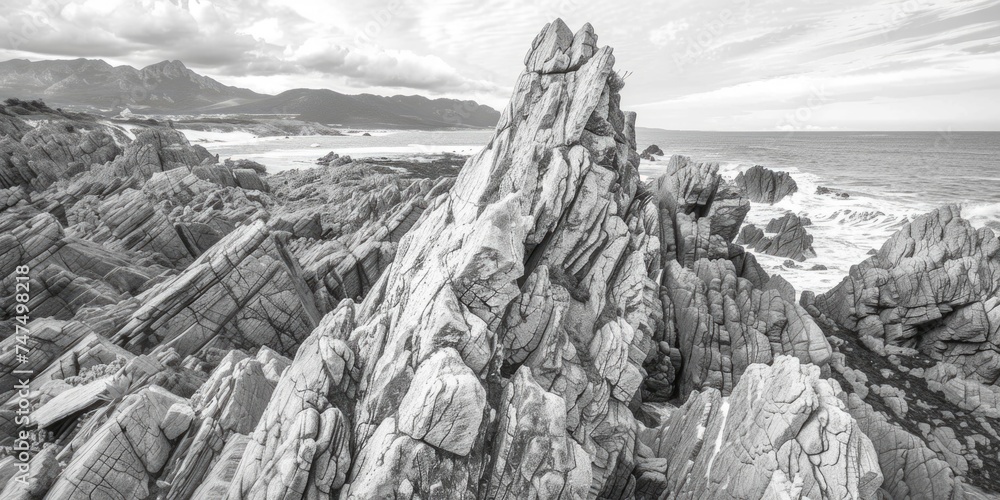 Poster A striking black and white image of a unique rock formation. Suitable for various design projects