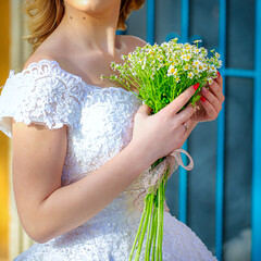 Bride Holding Wedding Bouquet With Copy Space