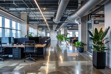 Open office space with a contemporary design Providing a dynamic and collaborative work environment for a tech company Featuring workstations Communal areas And a sleek aesthetic. - obrazy, fototapety, plakaty