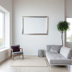 Modern Living Room with Couch and image frame hanging on a bright enlighted wall | Perfect Mockup for selling images