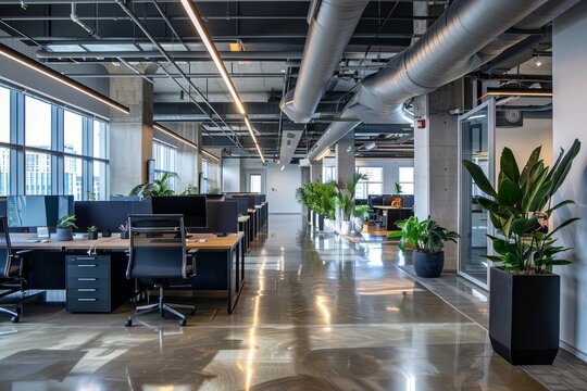 Open office space with a contemporary design Providing a dynamic and collaborative work environment for a tech company Featuring workstations Communal areas And a sleek aesthetic.