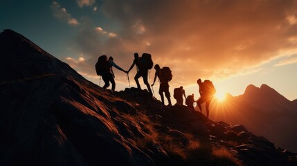 People hiking up a mountain at sunset, perfect for outdoor adventure concepts - obrazy, fototapety, plakaty