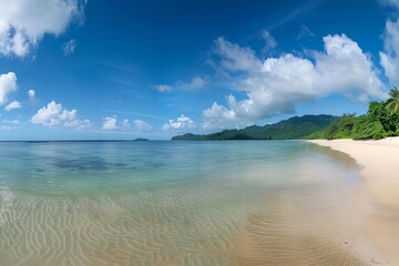 Fototapeta na wymiar Panoramic view of a pristine tropical beach Stretching into the horizon under a vast Cloudless sky Epitomizing peace and natural beauty.