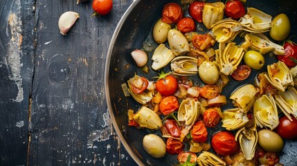 Marinated Olives and Artichoke Pasta in a Moroccan Style - obrazy, fototapety, plakaty