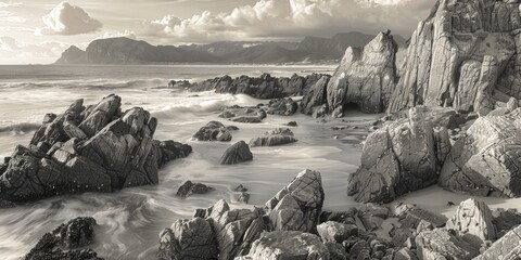 A black and white photo of a rocky beach, suitable for various design projects