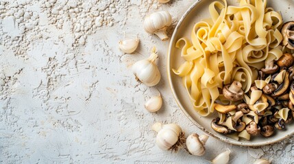 Fototapeta na wymiar Italian Cuisine: Fresh Tagliatelle with Garlic and Mushrooms