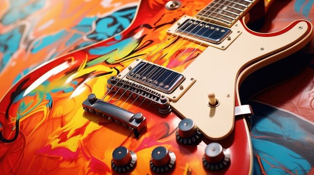Close up of a guitar on a table, suitable for music themes