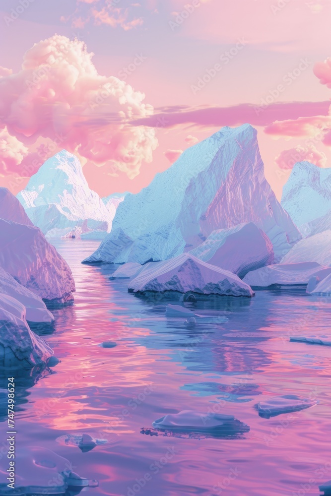 Poster a serene painting of icebergs floating in a body of water. suitable for environmental and travel con