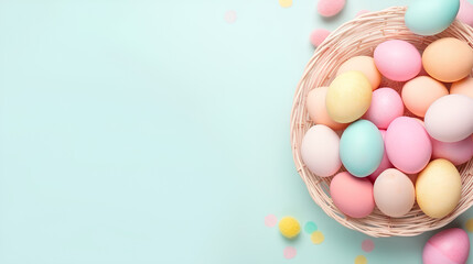 Naklejka na ściany i meble Easter pastel blue color background with eggs in the nest. Holiday banner concept, copy space for text, greeting card, top view