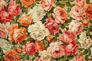 Pattern of vibrant fresh roses in full bloom Creating a romantic and luxurious wallpaper design