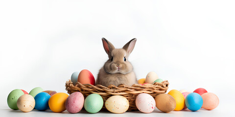 Fototapeta na wymiar Easter white color background with grey rabbit and eggs in the basket. Holiday banner concept, copy space for text, greeting card