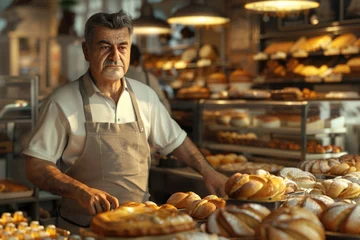 Photo sur Aluminium Boulangerie A man standing in front of a display of baked goods. Suitable for bakery advertisements