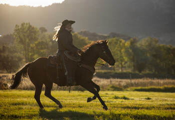 Cowgirl galloping horse across field