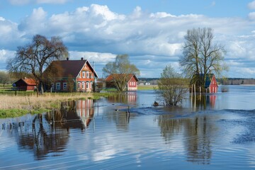 Obraz premium A serene landscape of houses surrounded by a flooded area under a cloudy sky.