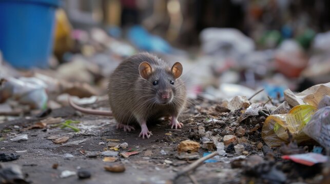 Dirty, shaggy, skinny rat ate garbage. Garbage bags on the floor were wet and smelled very bad. reflecting the problem of overflowing garbage in the city