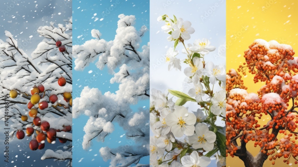 Poster a series of four images featuring a tree covered in snow. perfect for winter-themed designs