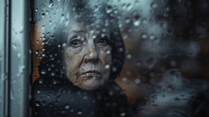 elderly woman looking through a foggy window. The photo depicts a poignant depiction of loneliness, as the woman stares into the misty unknown. - obrazy, fototapety, plakaty